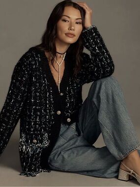 Anthropologie Tweed Fringe Oversized Cardigan Sweater Black Blue size XL
